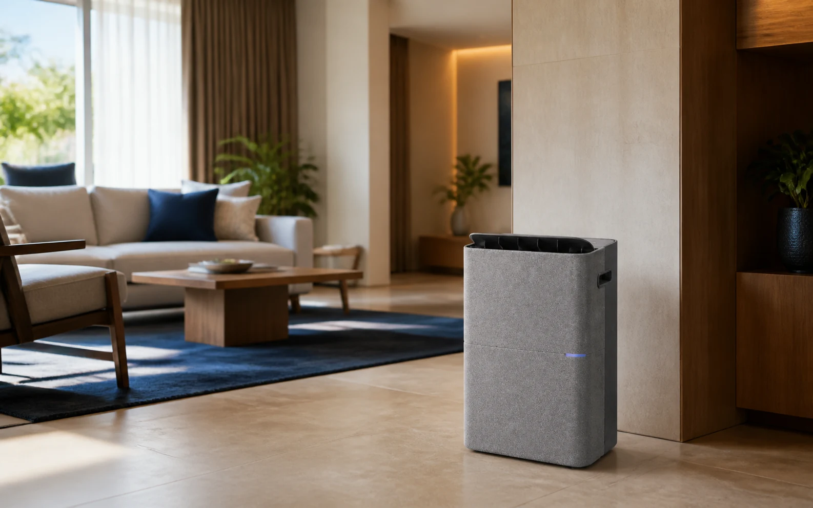 AirLab D30S dehumidifier in a calm contemporary living room