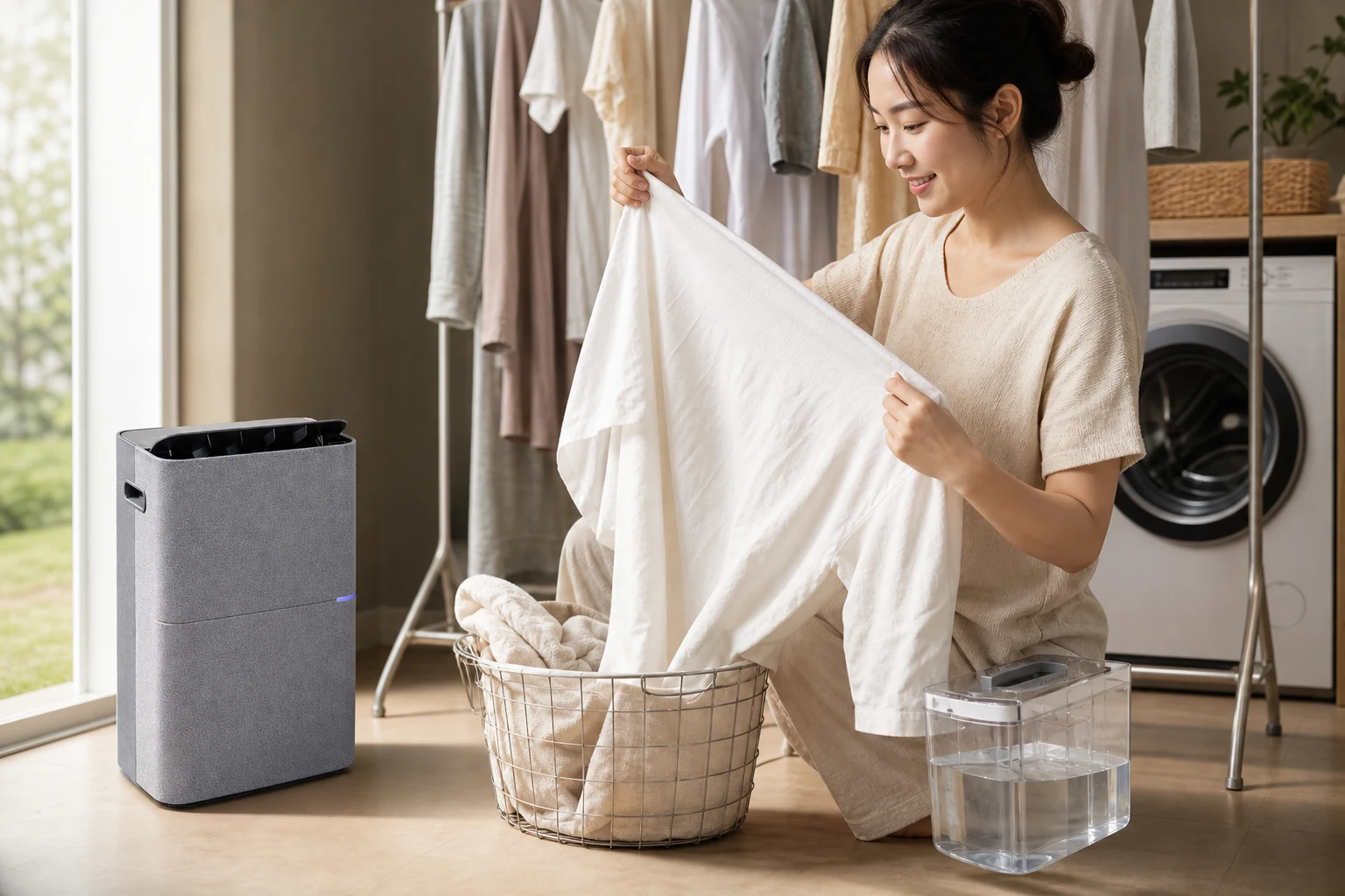 Homeowner collecting dry indoor laundry beside AirLab D30S and its tank of collected water