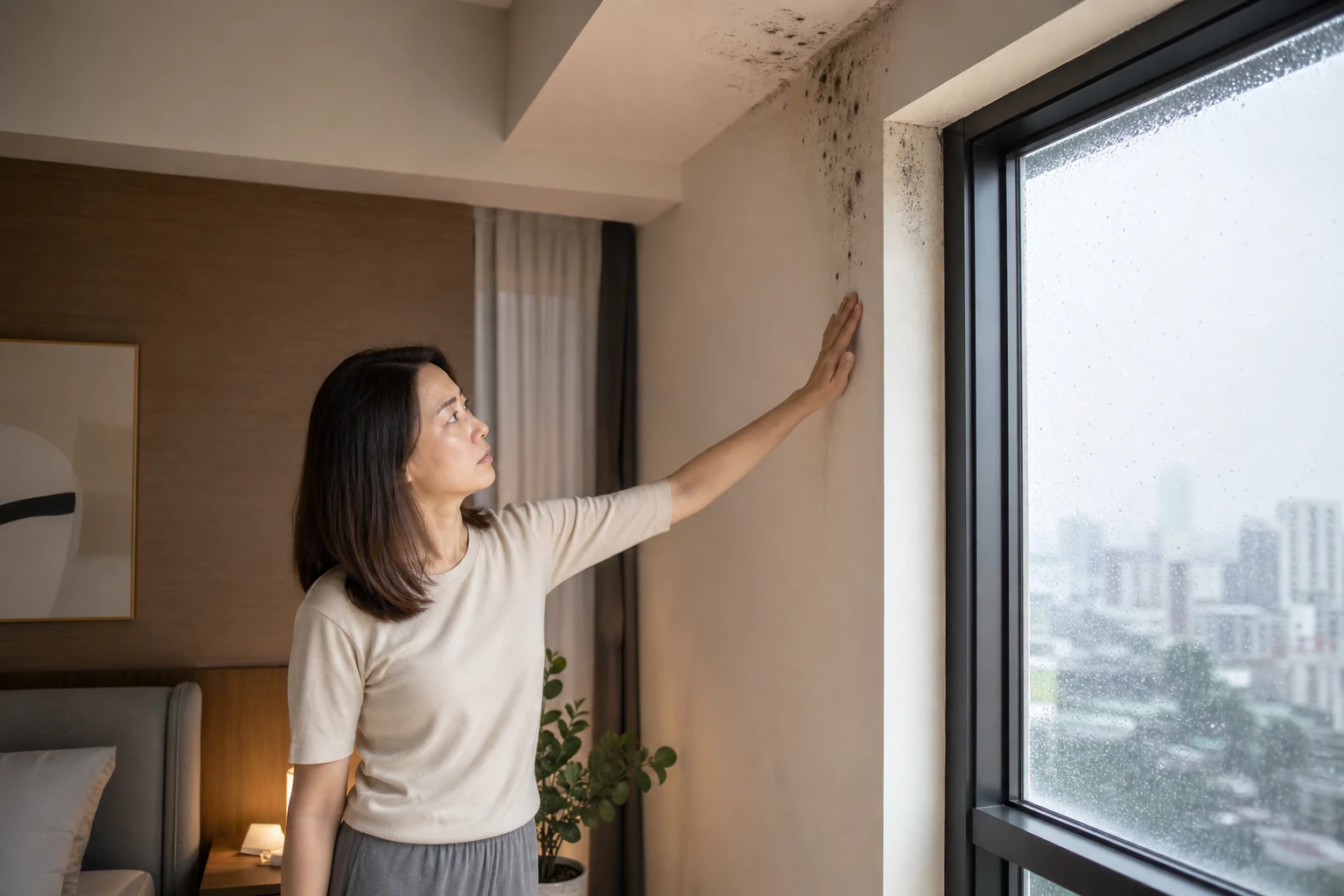 Homeowner noticing condensation and early mould growth beside a bedroom window