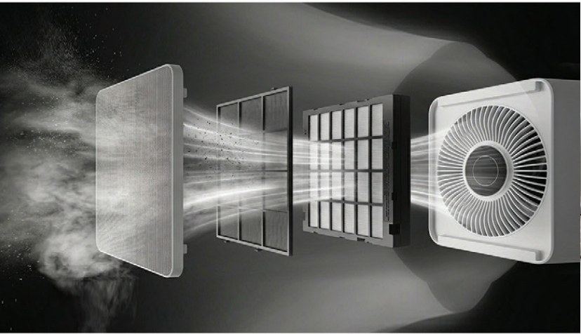 Exploded view showing air moving through the AirLab P80S multi-stage filtration path