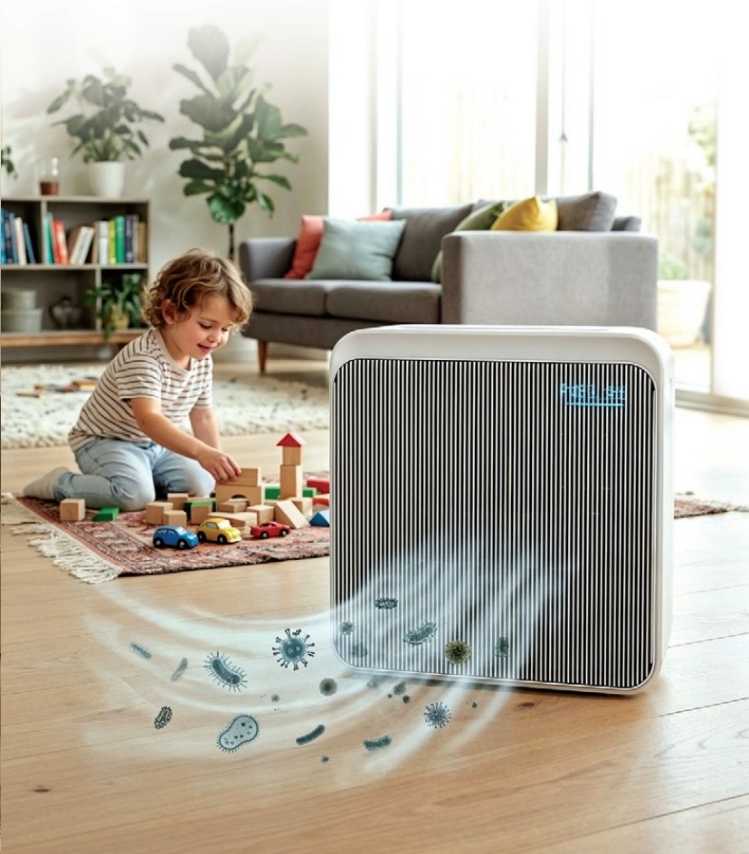 AirLab P80S circulating shared-room air while a child plays nearby