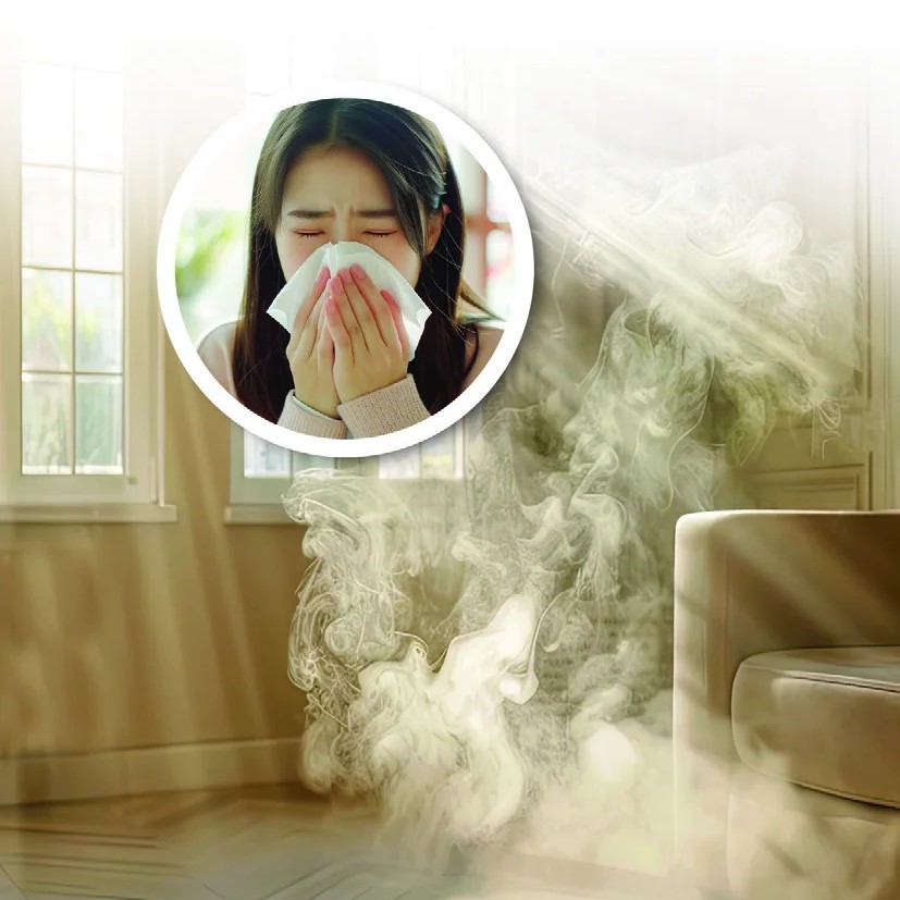 Fine smoke and airborne irritants suspended in a lived-in room