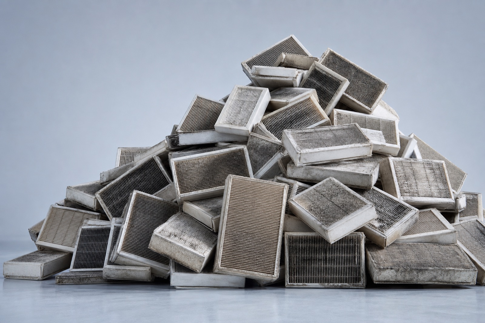 A large illustrative pile of used pleated HEPA replacement filters