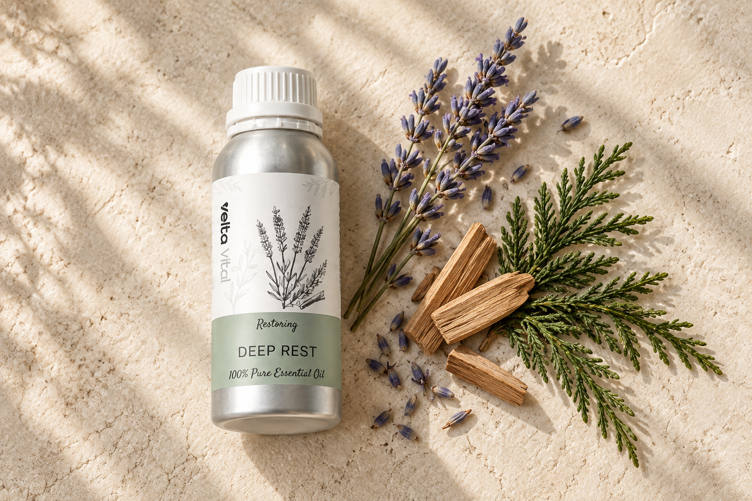 Velta Vital Deep Rest 瓶,旁边是薰衣草、檀香和雪松叶