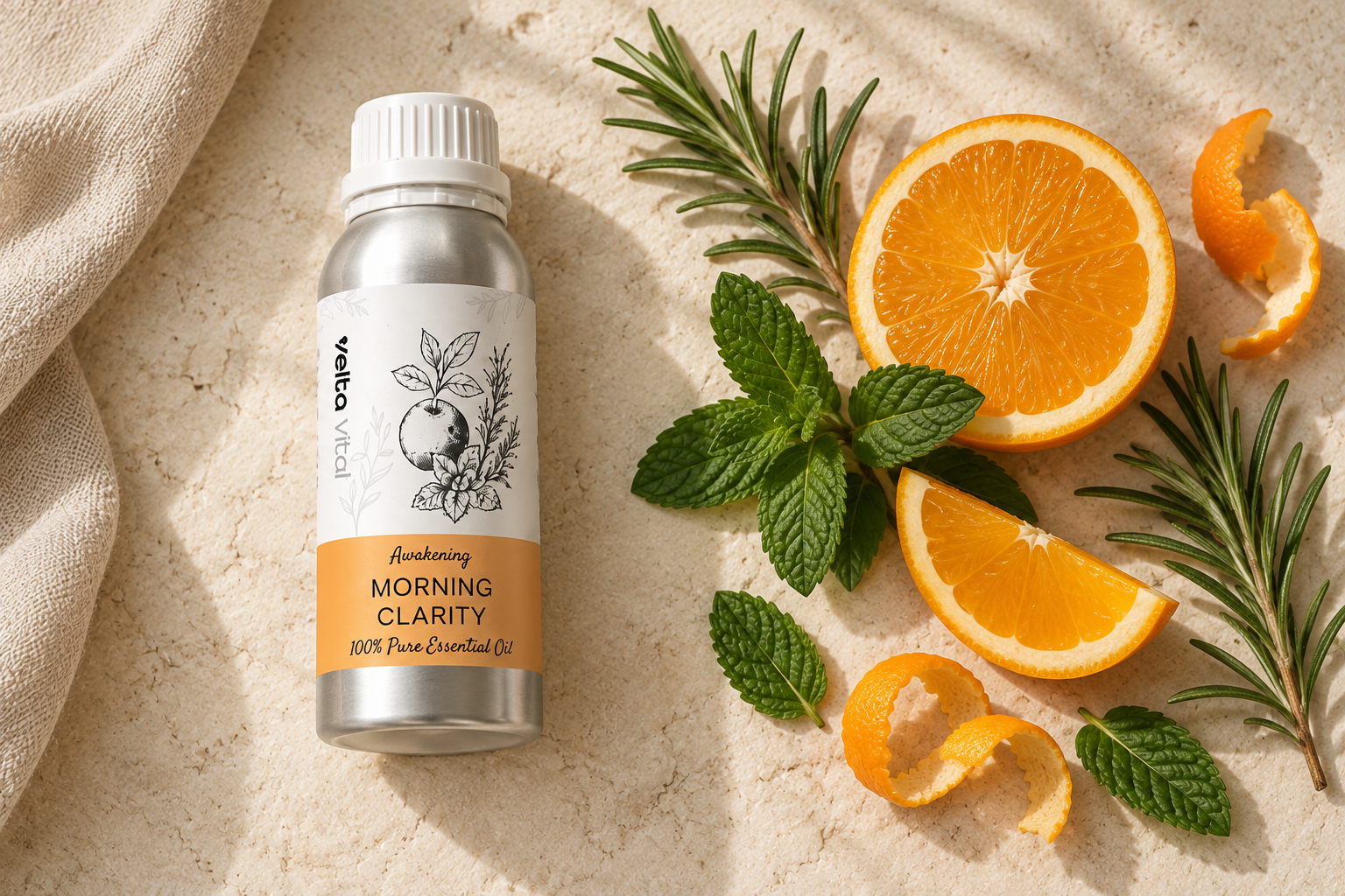 Velta Vital Morning Clarity 瓶,旁边是橙子、薄荷叶和迷迭香