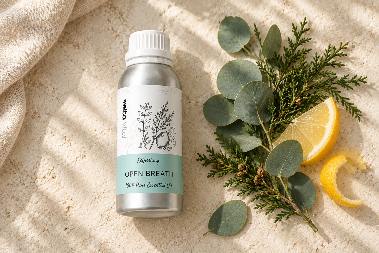 Velta Vital Open Breath 瓶,旁边有桉树、柏树和柠檬
