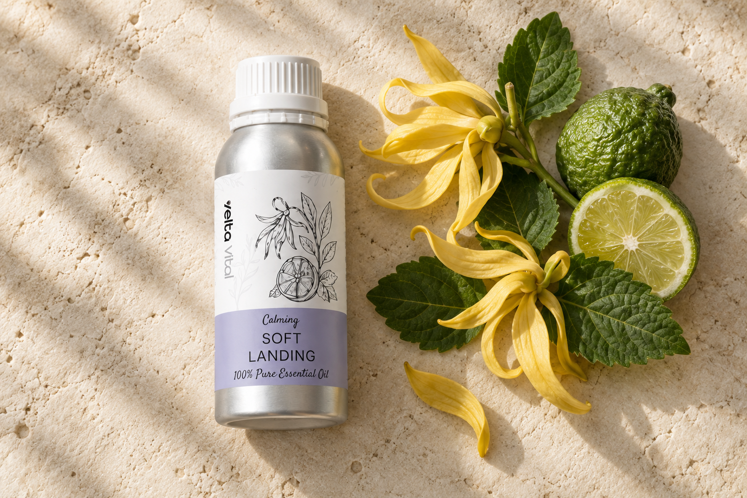 Velta Vital Soft Landing 瓶身搭配依兰花、佛手柑和广藿香叶