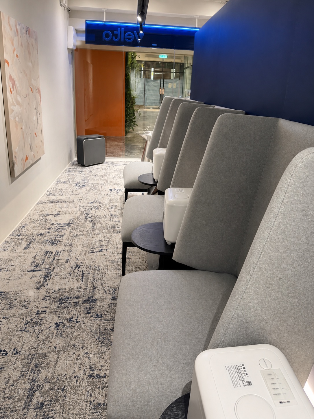 Row of hydrogen inhalation seats and personal equipment inside the Velta Experience Centre
