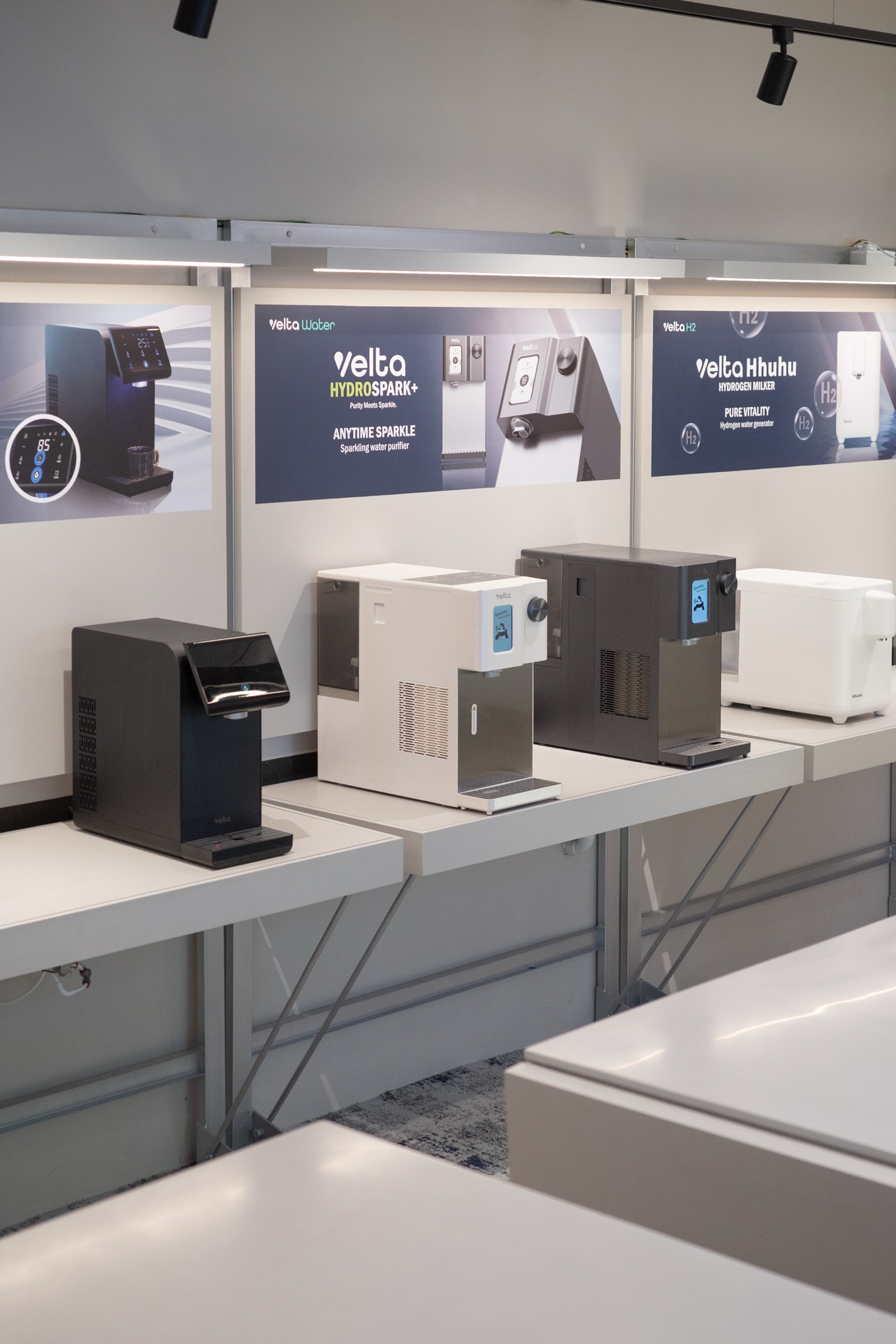 Velta water purifiers and Hhuhu hydrogen-water machine displayed at the Kiara 163 Experience Centre