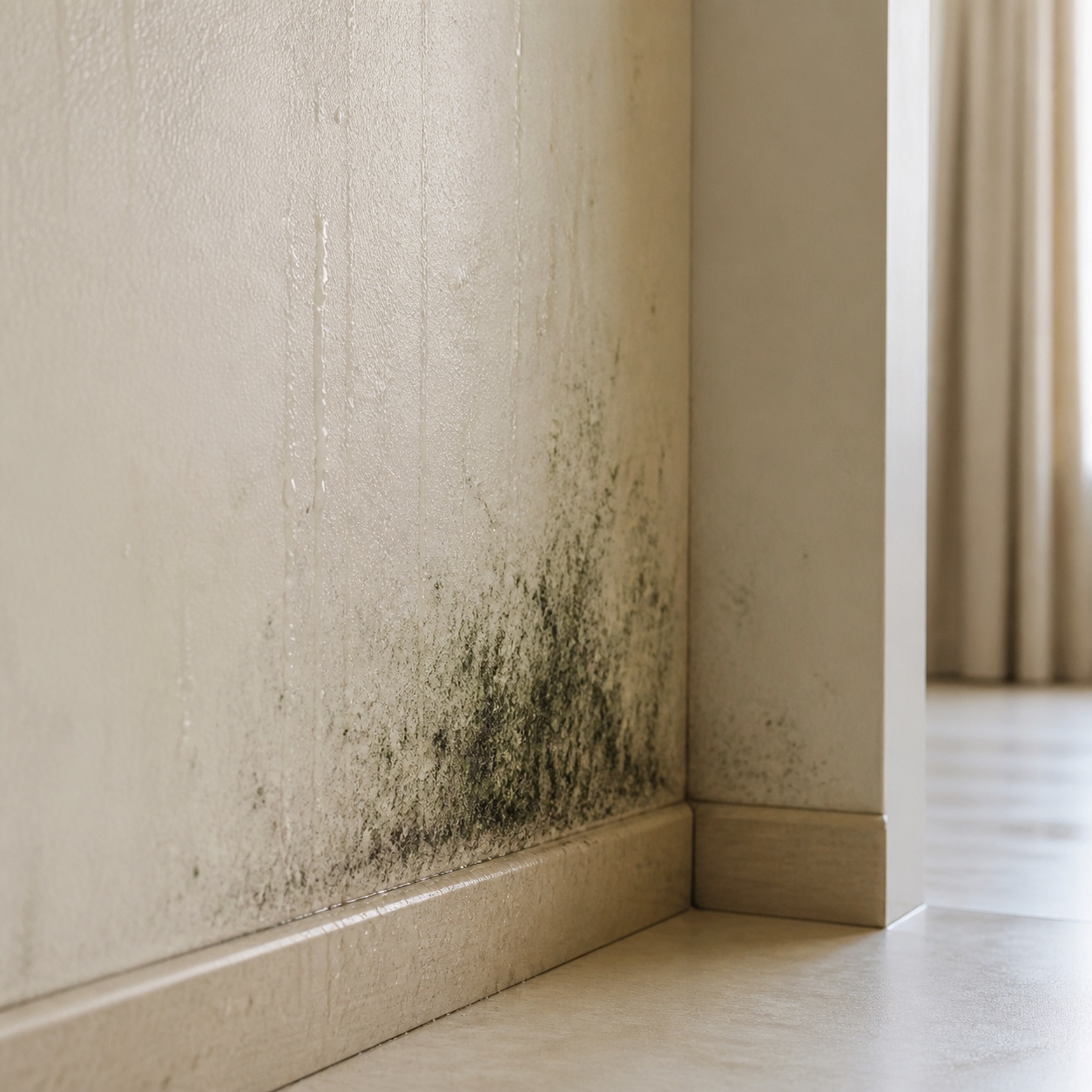 Condensation and mould developing on a damp interior wall
