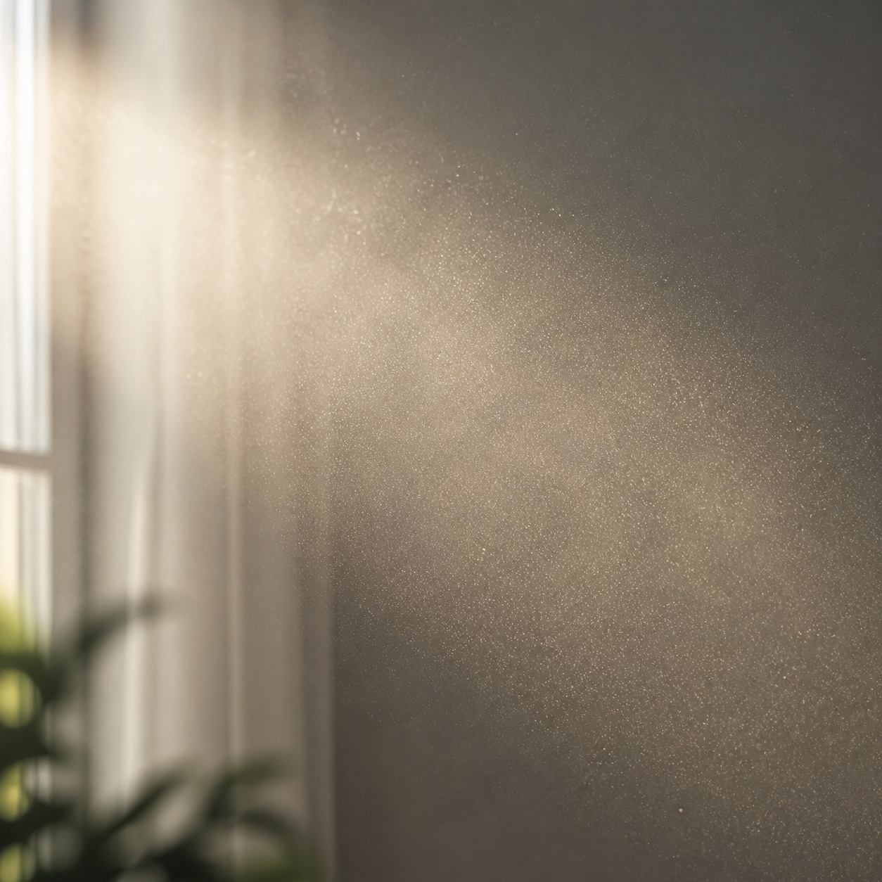 Fine airborne particles visible in a beam of indoor daylight