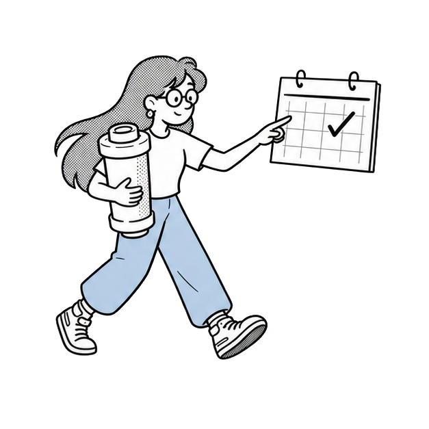 Velta mascot carrying a replacement filter and pointing to a calendar