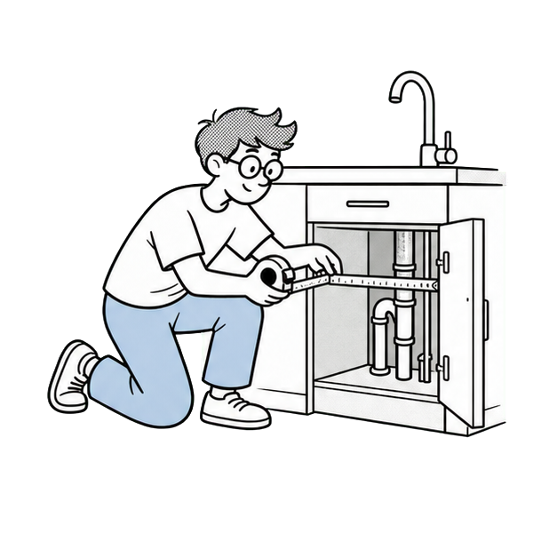 Velta mascot measuring the cabinet below a kitchen sink