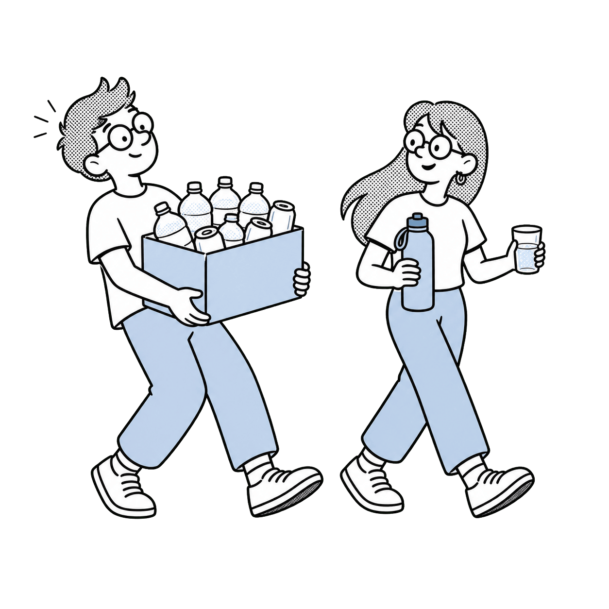 Velta mascots replacing disposable water bottles with a reusable bottle and glass