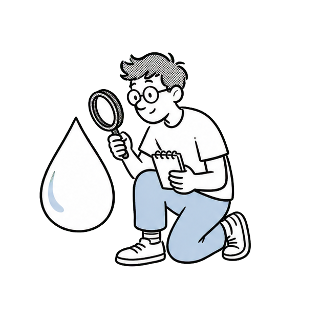 Velta mascot inspecting a water droplet with a magnifying glass