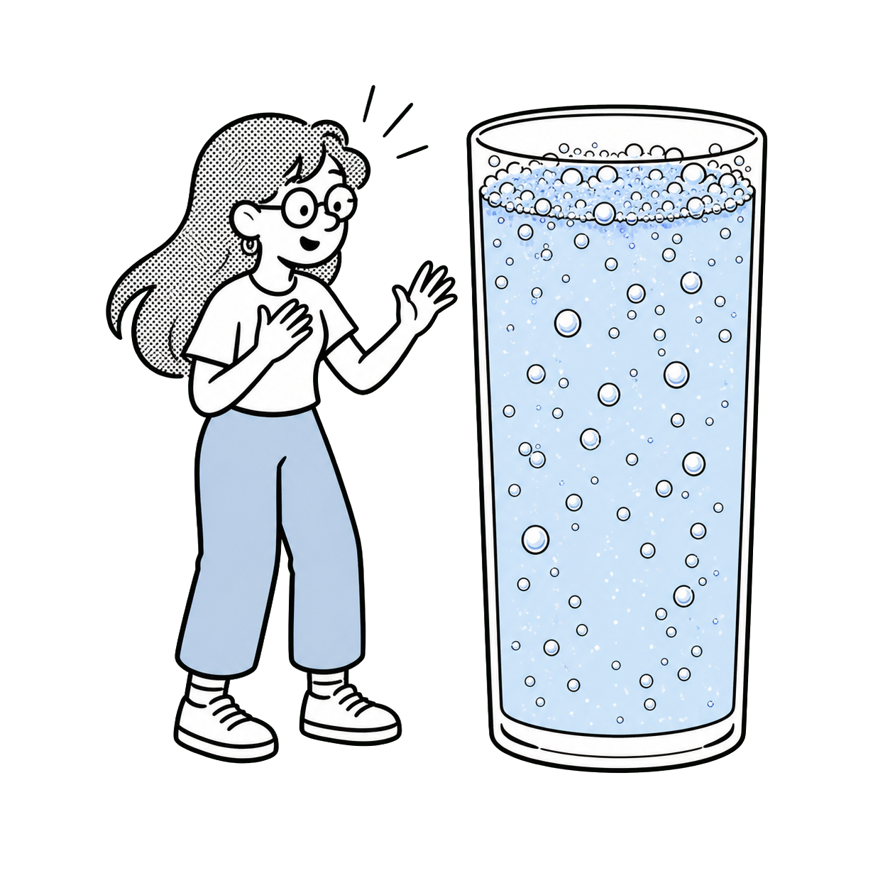 Velta mascot beside a large glass of sparkling water