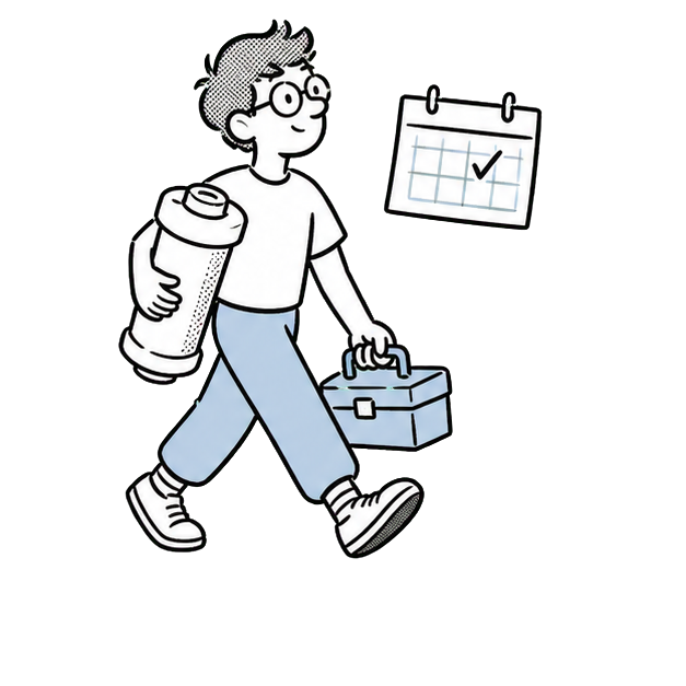 Velta mascot carrying a replacement filter and service toolbox