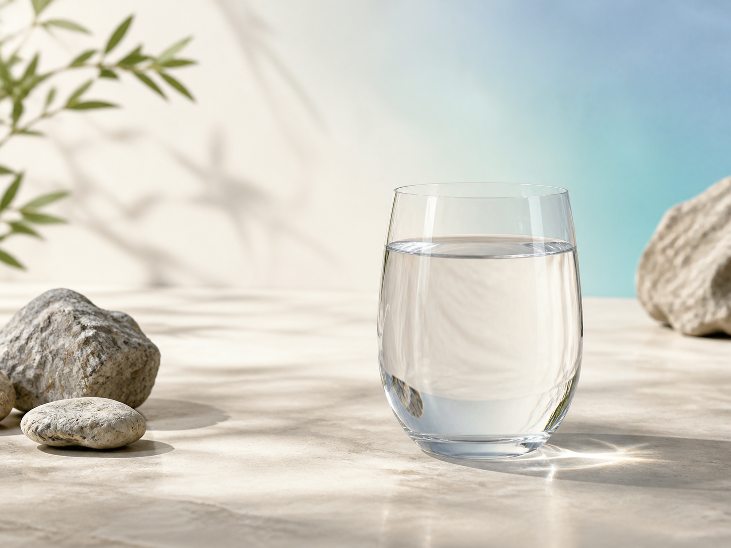 Clear drinking water with mineral stones representing alkaline water as a concept