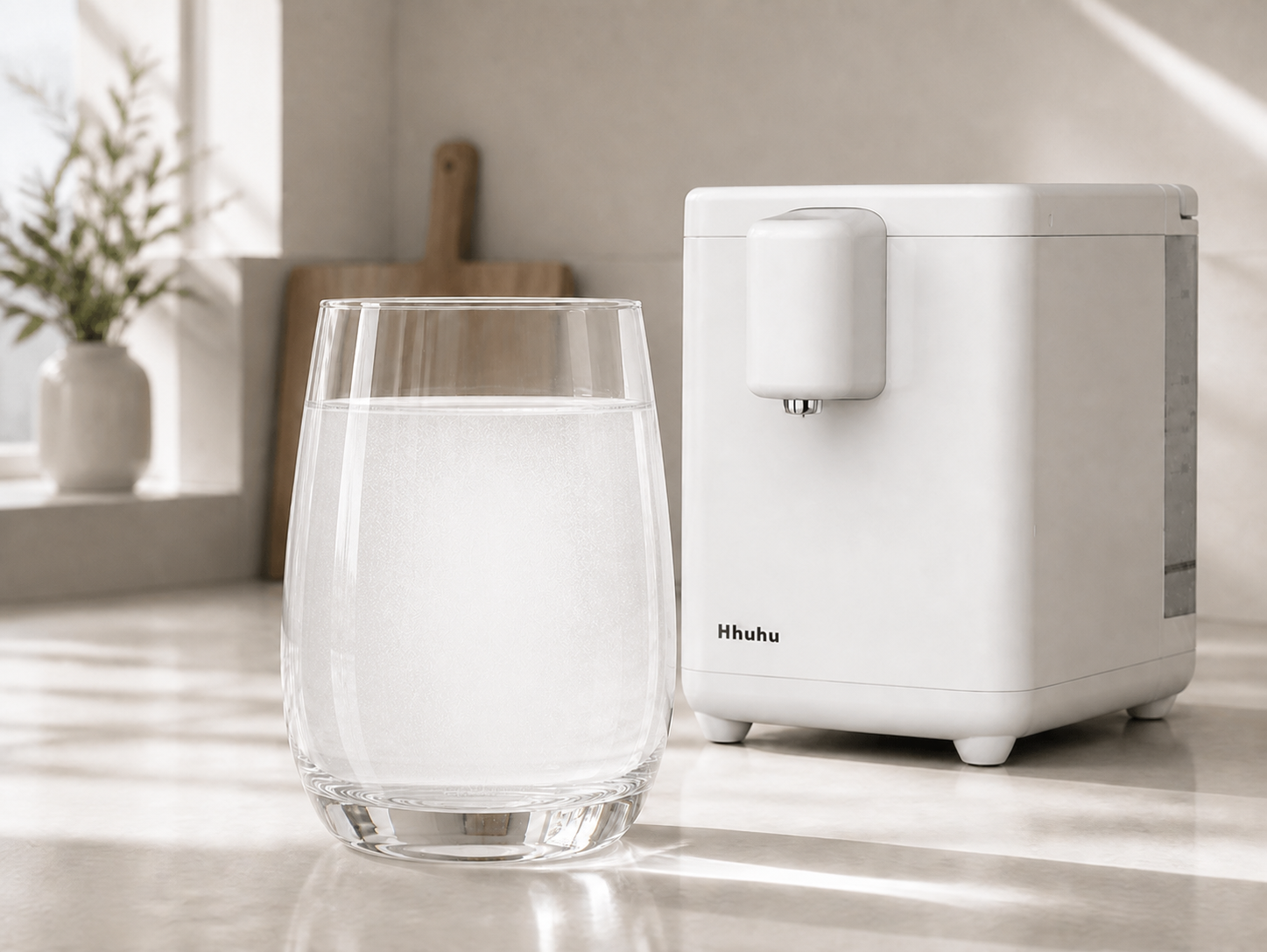 Milky glass of microbubble and nanobubble hydrogen-rich water with Hhuhu Hydrogen Milker behind