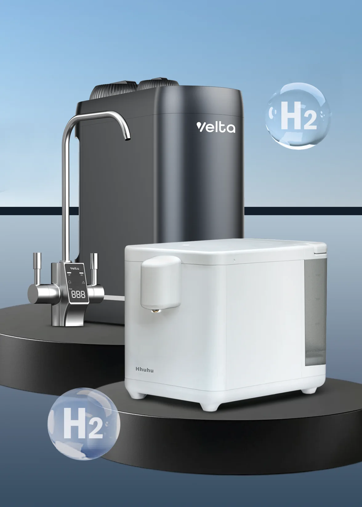 HydroView+ and Hhuhu together in a blue product scene