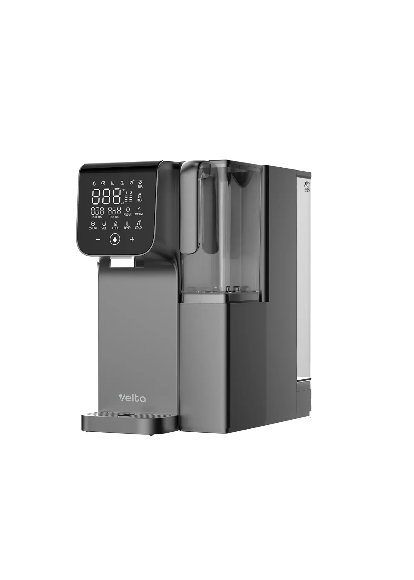 Three-quarter view of the Graphite Grey Velta HydroFirst+