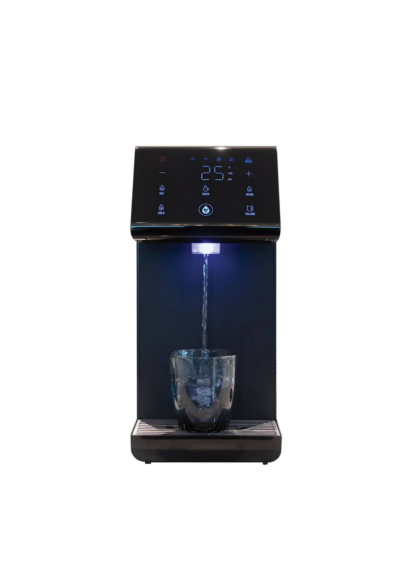 Front view of the Carbon Black Velta HydroForm+ dispensing water