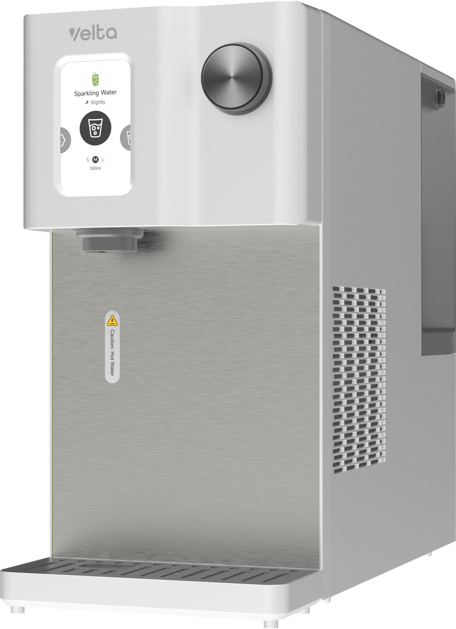 Three-quarter view of the Arctic White Velta HydroSpark+