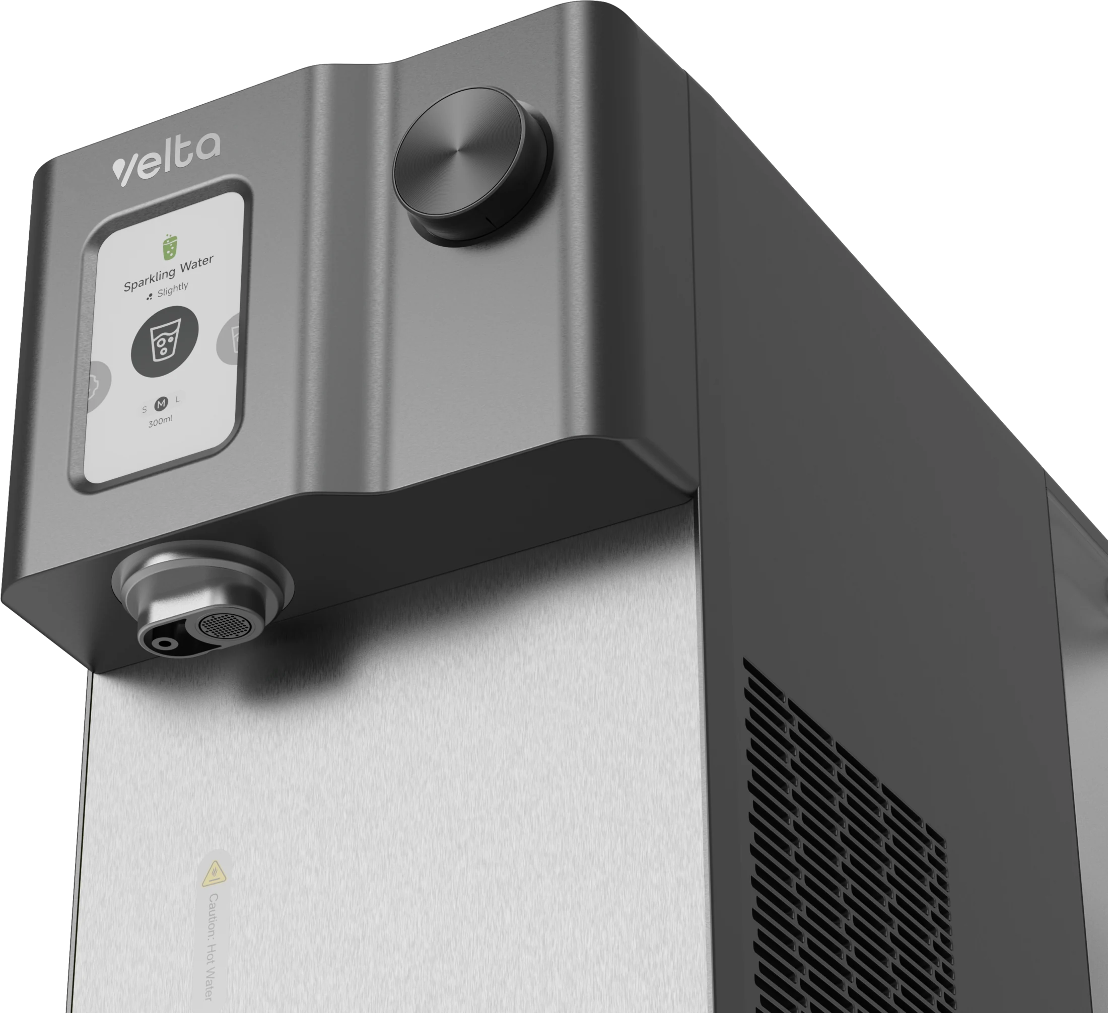 Close view of the Graphite Grey HydroSpark+ screen, knob and outlet
