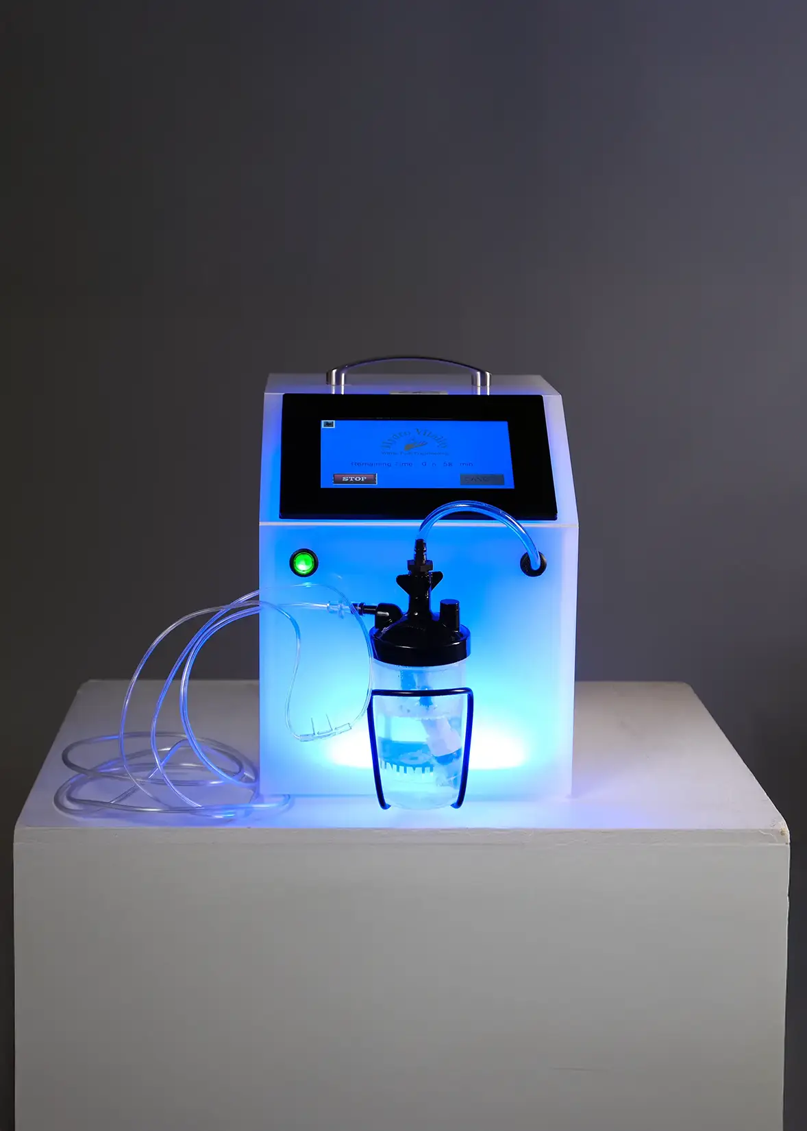HydroVitality front view with bubbler, tubing and cannula