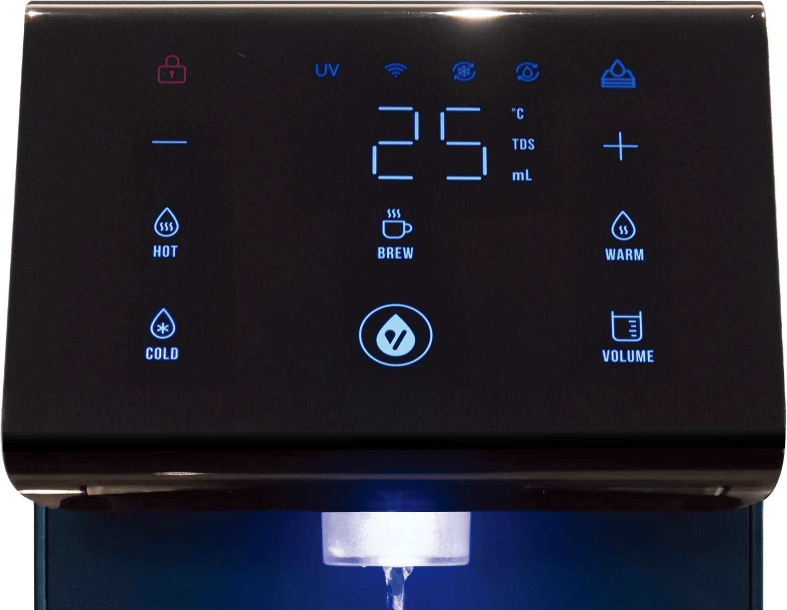 HydroForm+ full-touch display with temperature, volume, TDS and appliance controls
