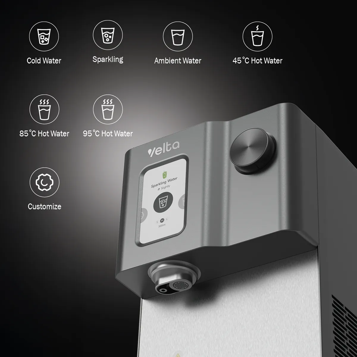 HydroSpark+ screen showing sparkling, cold, ambient and hot water controls