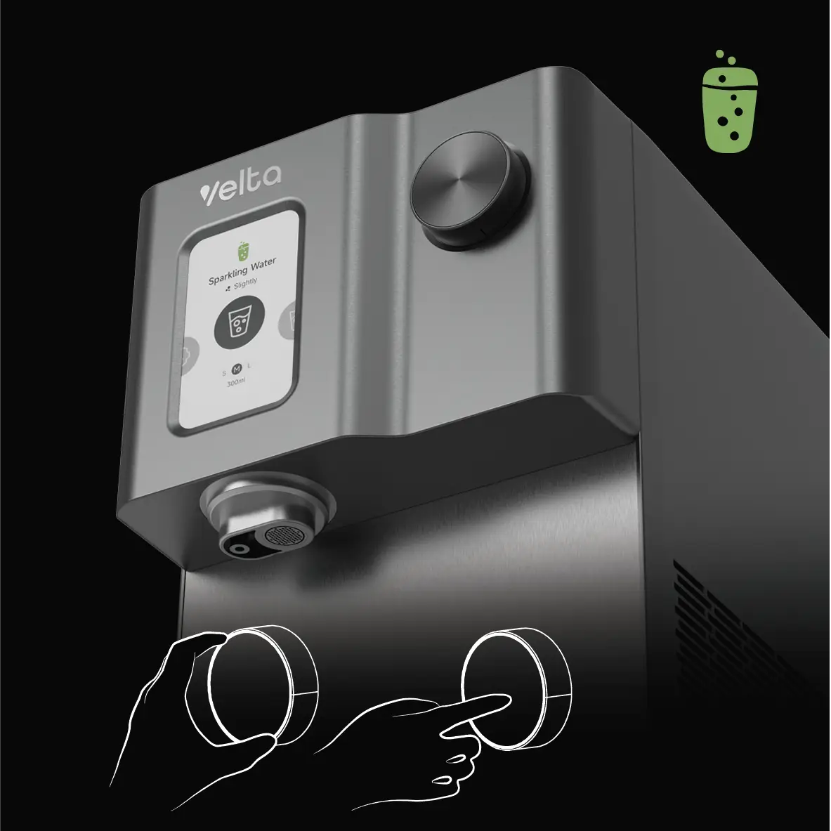 HydroSpark+ twist-and-press control knob illustration