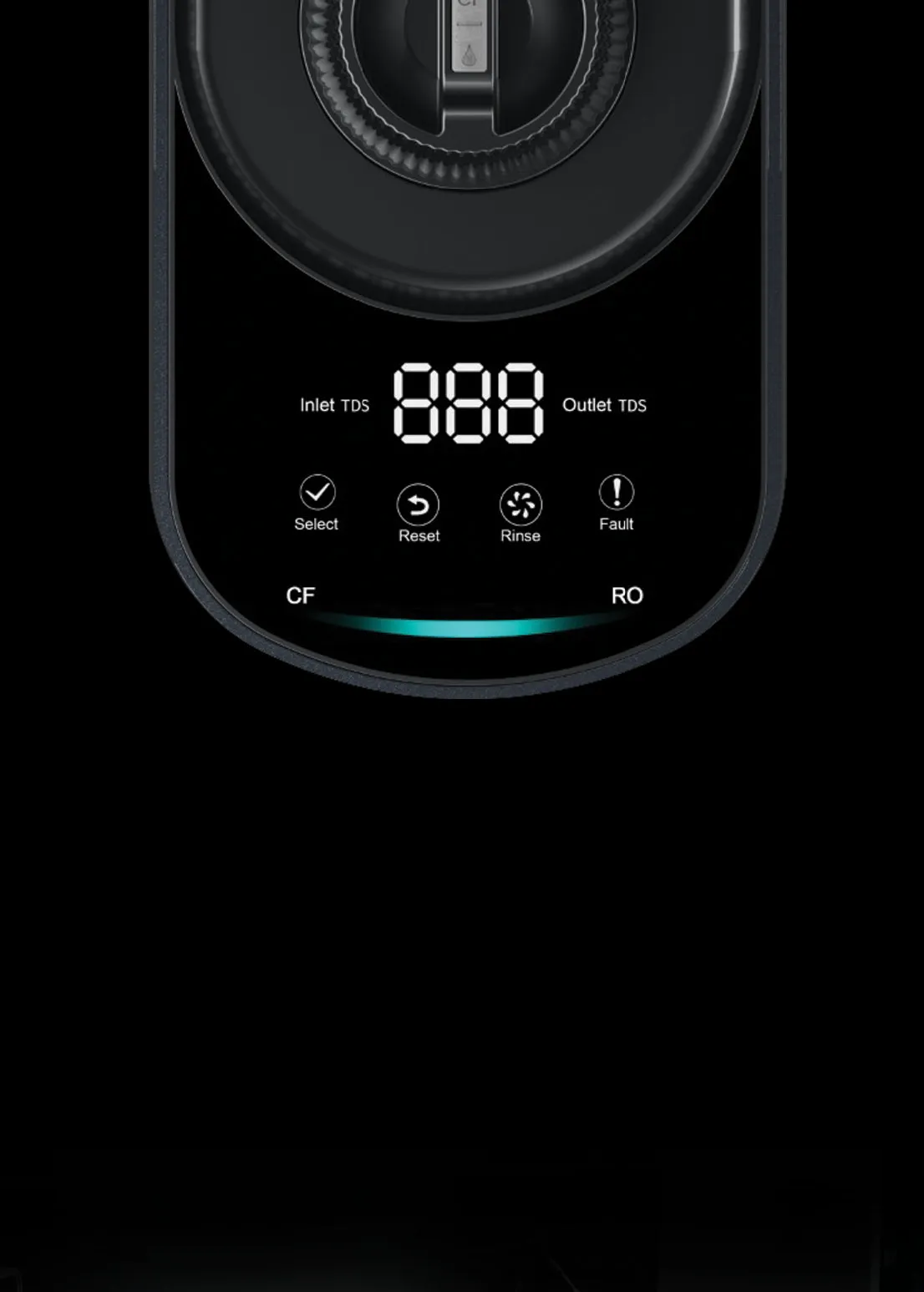HydroView+ faucet display showing inlet and outlet TDS readings