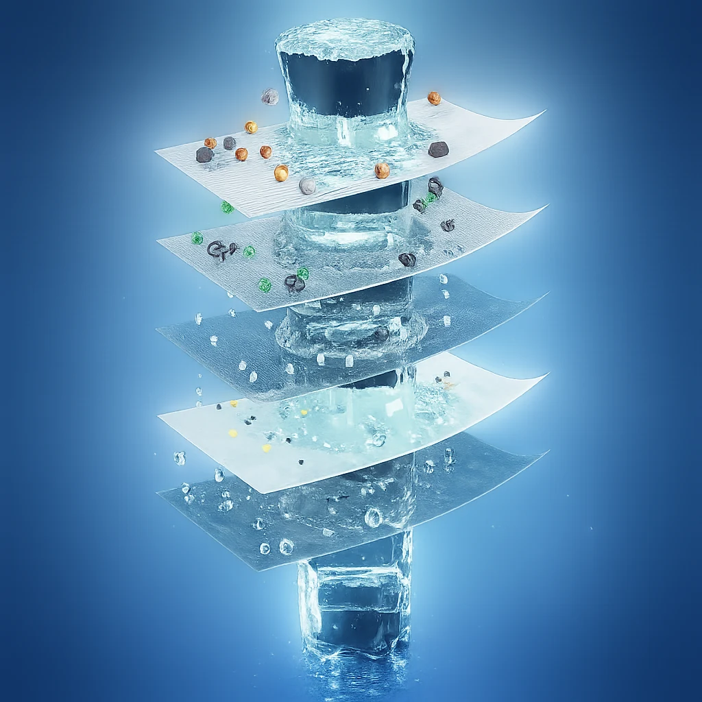 Exploded illustration of a multi-stage Velta water-treatment path