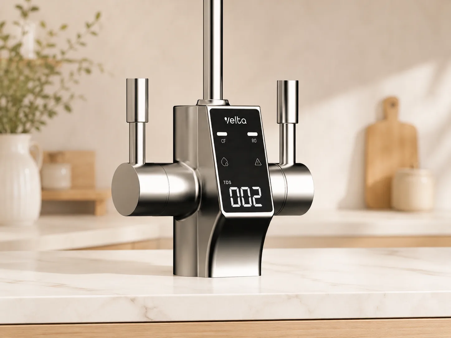 HydroView+ faucet showing its TDS reading in a kitchen