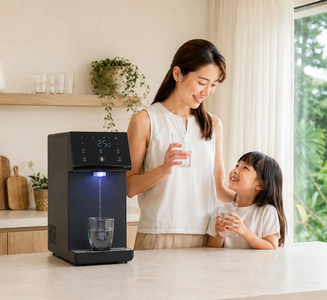 A parent and child beside a Velta HydroForm+ water purifier