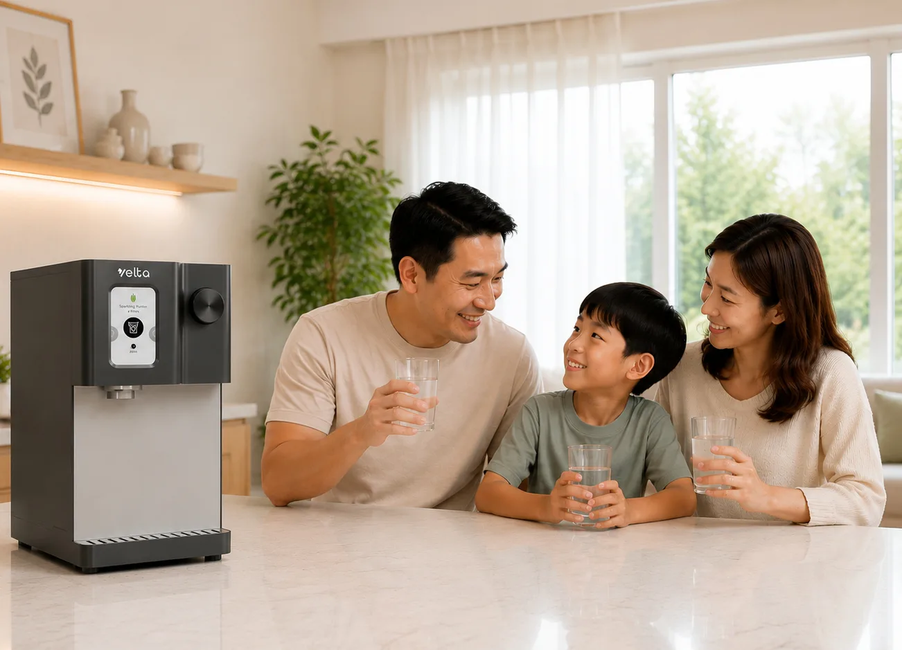 HydroSpark+ sparkling water purifier on a kitchen counter with a family