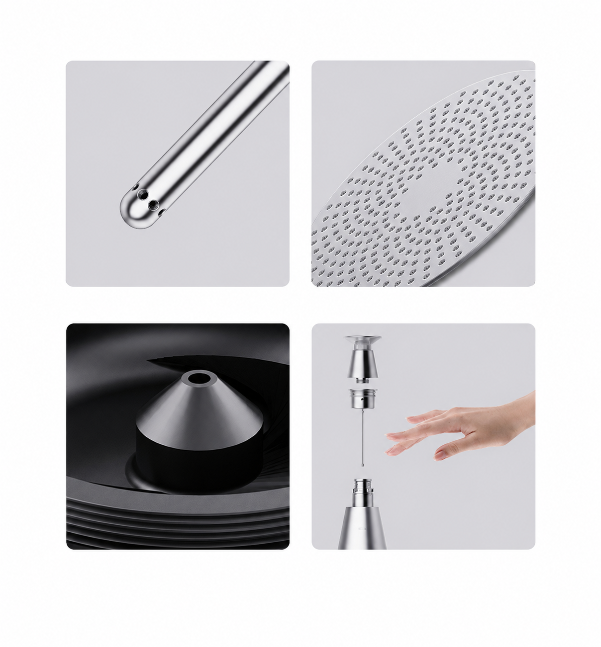 Four close views of ScentStudio's steel atomiser, cyclone airflow plate, spiral protection detail and oil-bottle connection