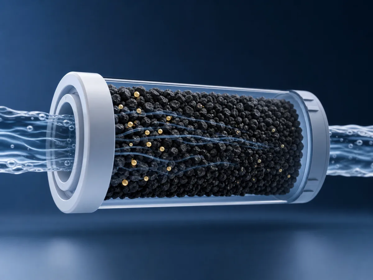 Cutaway illustration of water passing through activated carbon granules