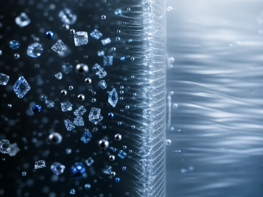 Illustration of dissolved matter meeting a reverse-osmosis membrane