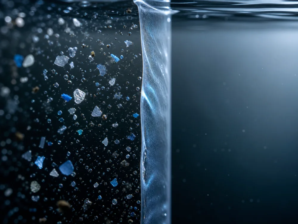 Illustration of fine particles and microplastics meeting a filtration membrane