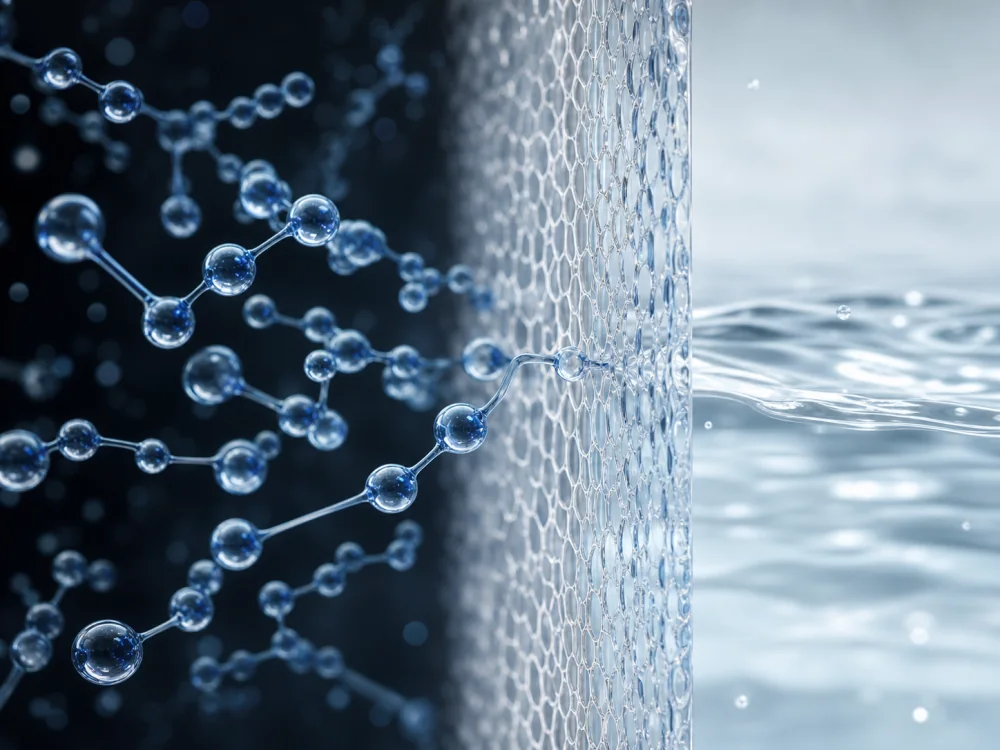 Illustration of PFAS compounds meeting a reverse-osmosis membrane