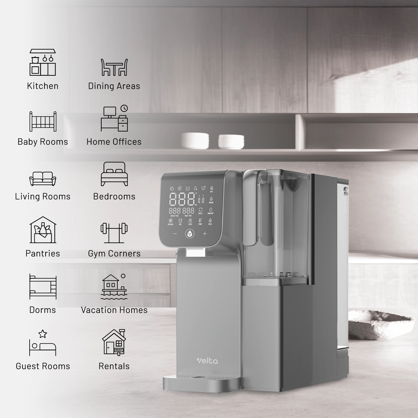 HydroFirst+ shown in a home with a list of suitable plug-and-fill locations