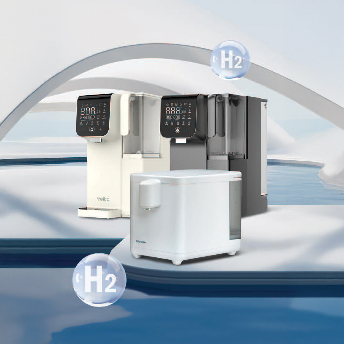 Lunar White and Graphite Grey HydroFirst+ purifiers shown with the Hhuhu Hydrogen Milker
