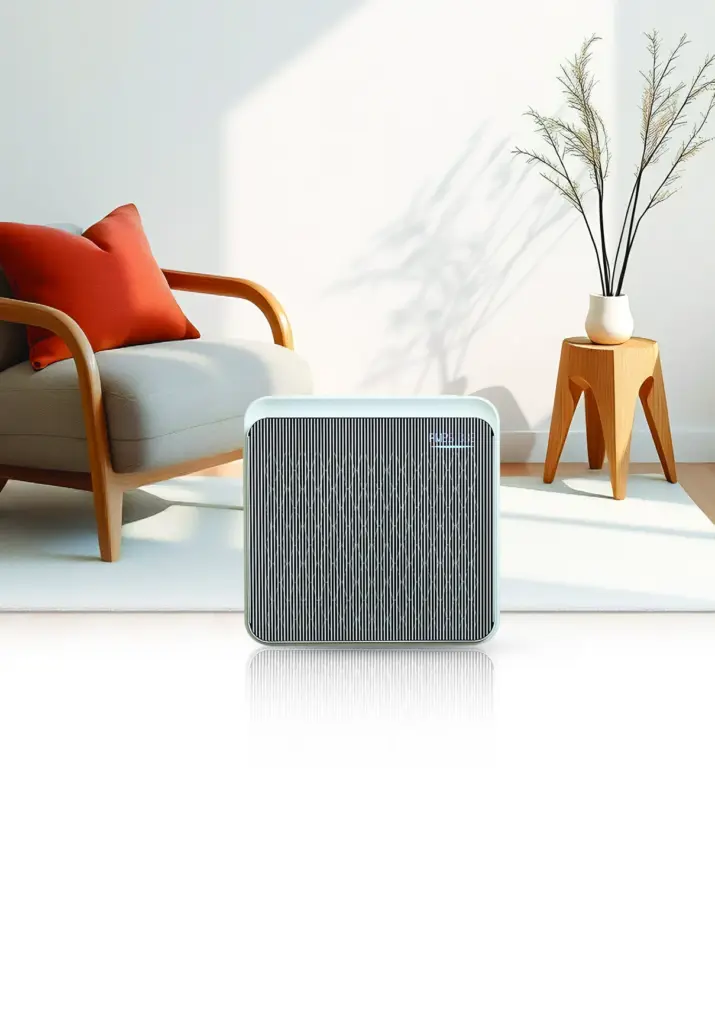 Front view of the Velta AirLab P80S air purifier in a bright living room